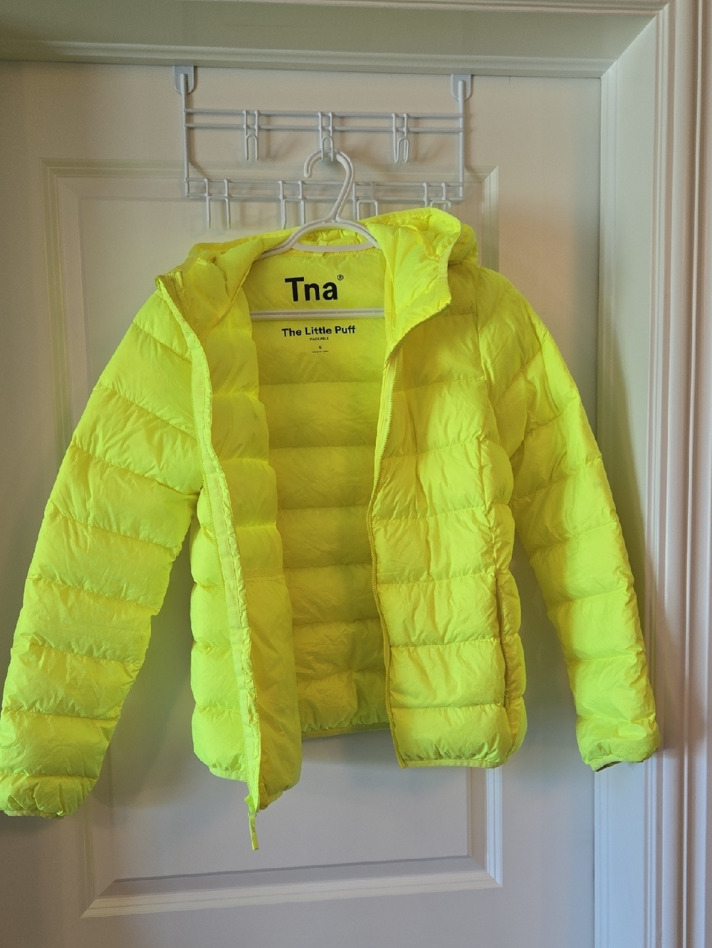 TNA Neon Yellow Womans SMALL Hooded Puffer Jacket